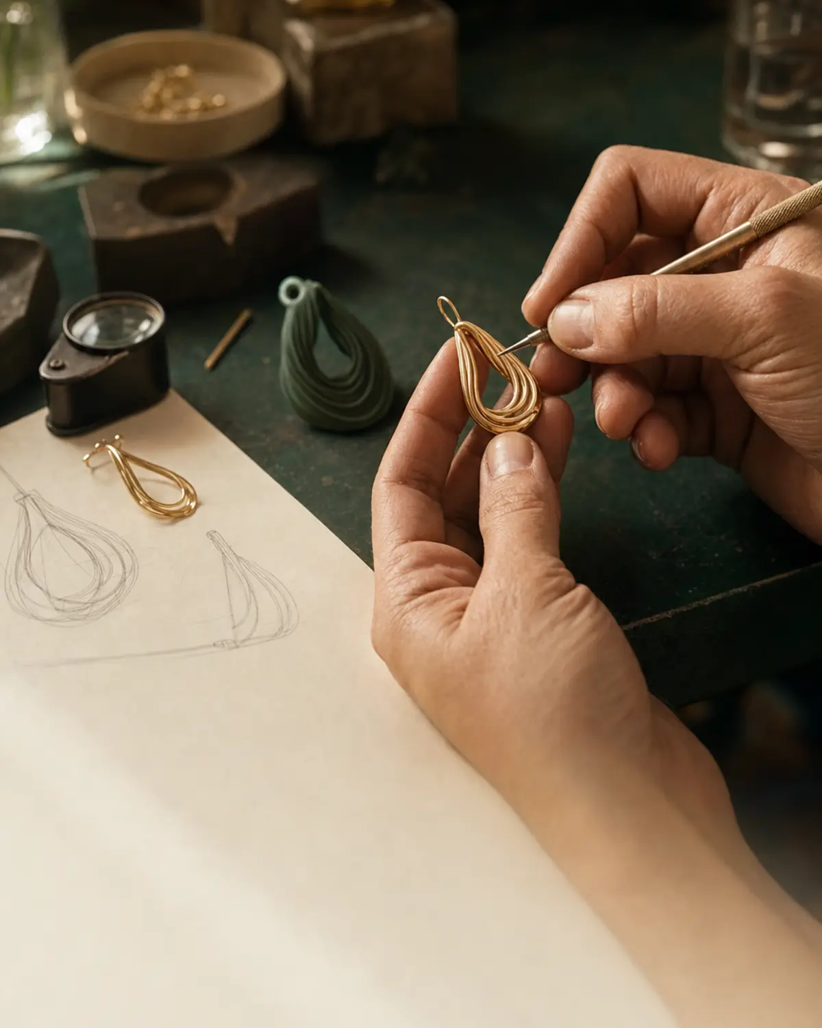 Mãos de artesã finalizando uma semijoia dourada no atelier Sabbadini em Campinas.